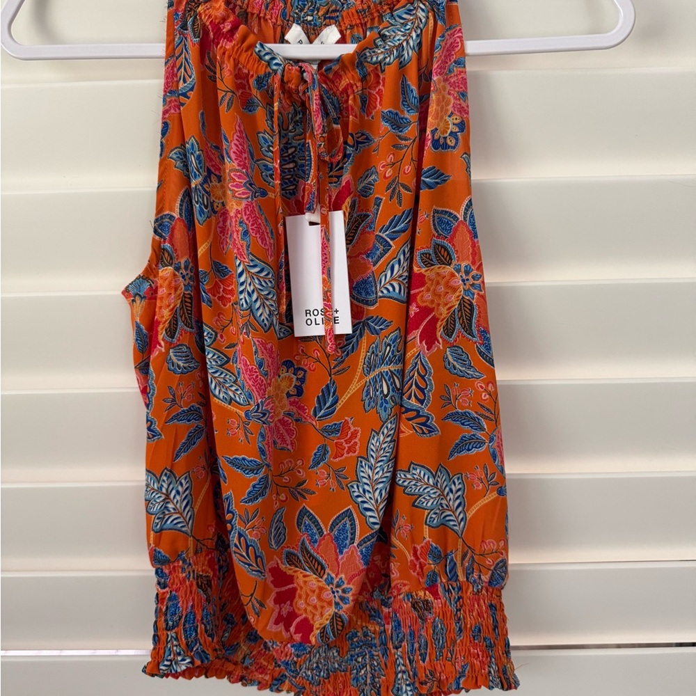 NWT Rose & Olive Orange Floral Top with Blue and Pink Accents